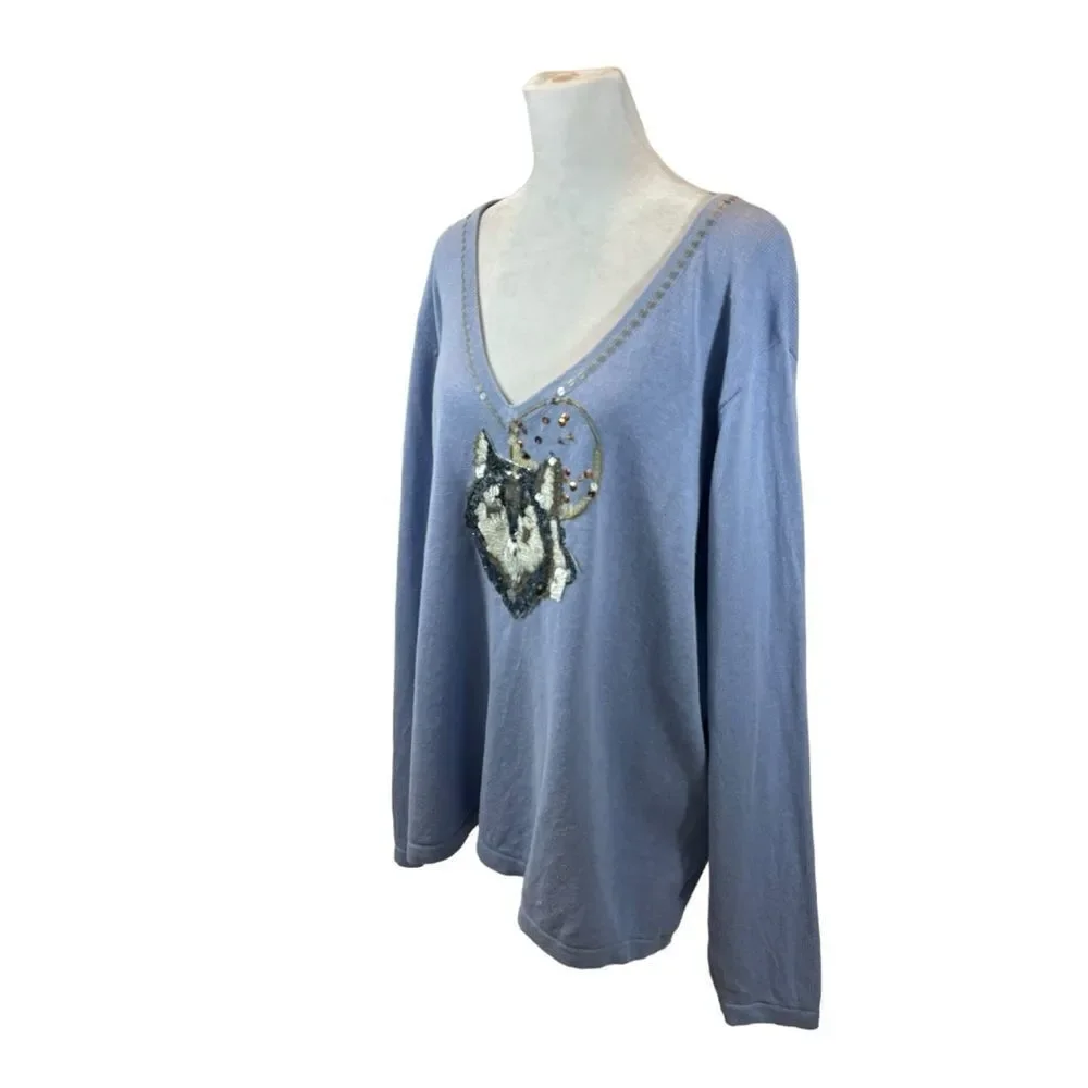 Ladies Limited Edition Storybook Knits Blue “Wolf Moon” V Neck Sweater Size‎ 2X